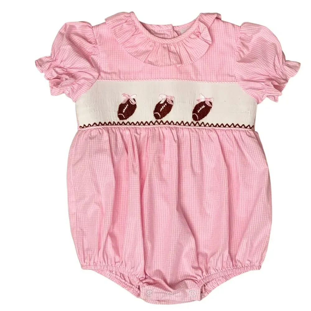 Stitchy Fish Football Sister Set Girls 4T Baby 9M Smocked Pink Gingham Game Day